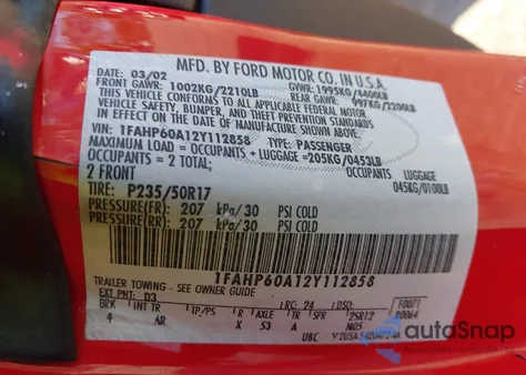 2002 Ford Thunderbird from USA, damaged, VIN 1FAHP60A12Y112858